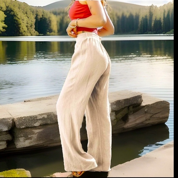 Linen Drawstring High Waisted Casual Loose Fit Wide Long Leg Stretchy Comfy Pant - Picture 4 of 16